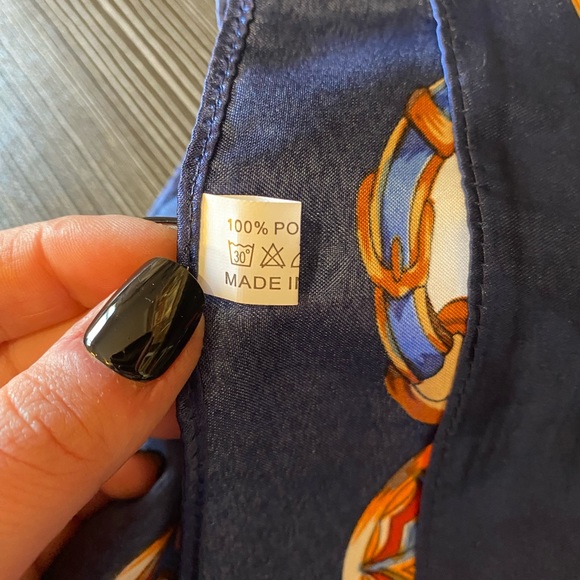 Large Vintage Square Silky Scarf w/ Blue, Pink & Gold Designs - Picture 6 of 7